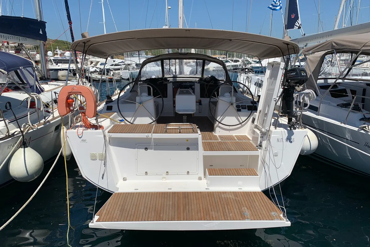 Cockpit of Fish N`Chips, a Dufour 460 Grand Large sailboat at Lavreotiki Municipal Unit, Greece