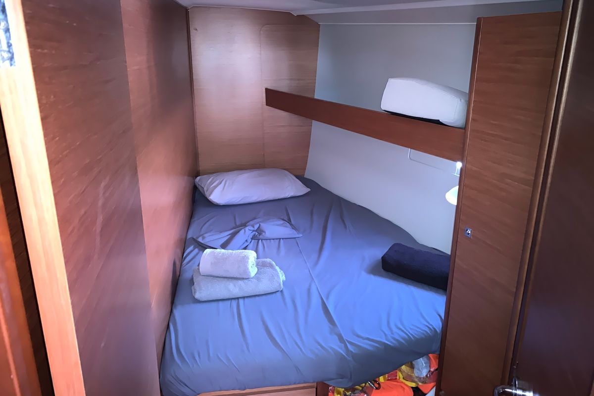 Cabin on Fish N`Chips, a Dufour 460 Grand Large sailboat at Lavreotiki Municipal Unit, Greece