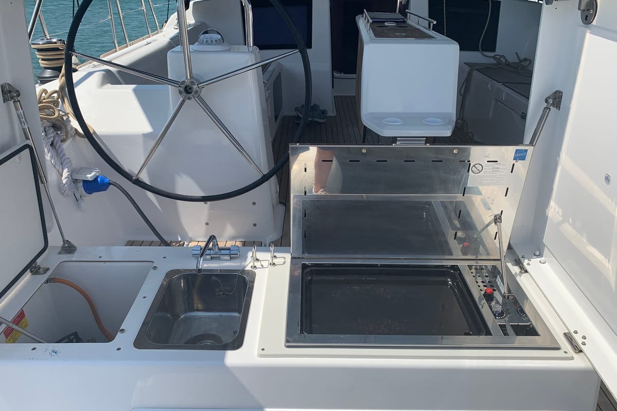 Deck of Fish N`Chips, a Dufour 460 Grand Large sailboat at Lavreotiki Municipal Unit, Greece