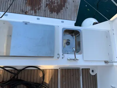 Deck of Fish N`Chips, a Dufour 460 Grand Large sailboat at Lavreotiki Municipal Unit, Greece