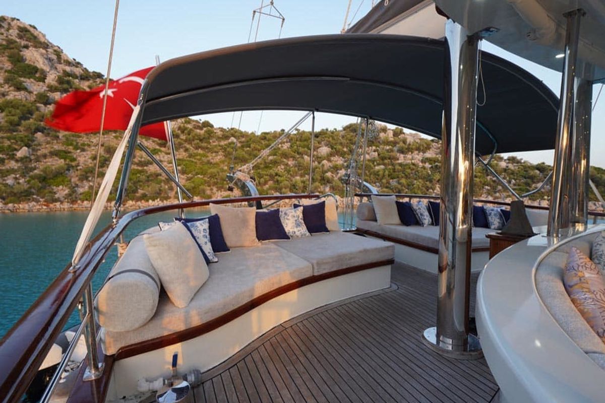 Deck of Prenses Esila, a Gulet Gulet gulet at Marmaris, Turkey