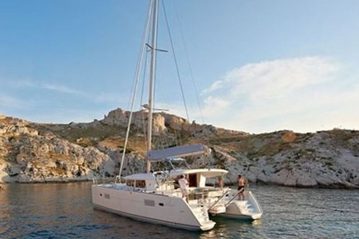 Exterior view of Orion VIII, a Lagoon 400 S2 catamaran at Skiathos, Greece