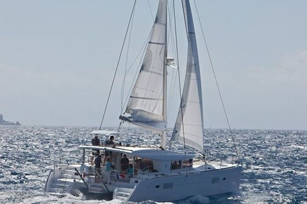 Exterior view of Orion VIII, a Lagoon 400 S2 catamaran at Skiathos, Greece