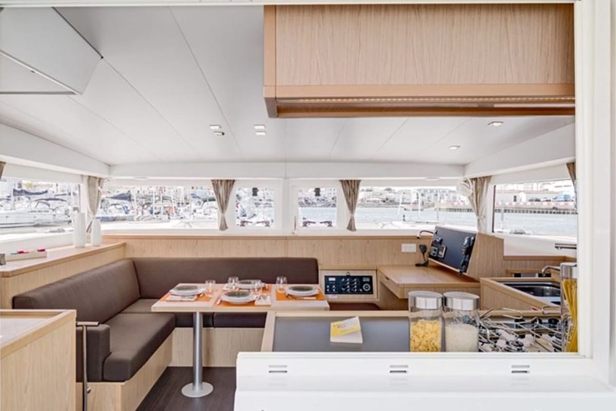 Salon of Orion VIII, a Lagoon 400 S2 catamaran at Skiathos, Greece