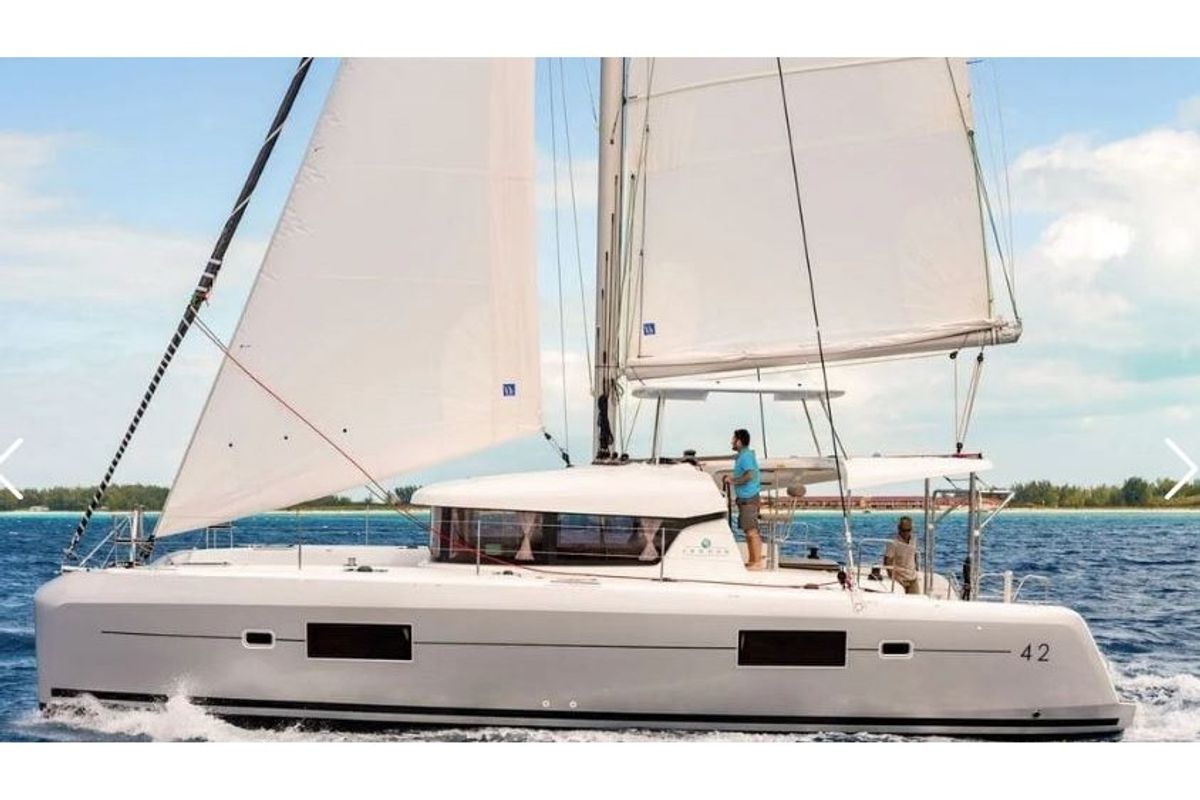 Exterior view of Chill Out, a Lagoon 42 catamaran at Tourlos, Greece