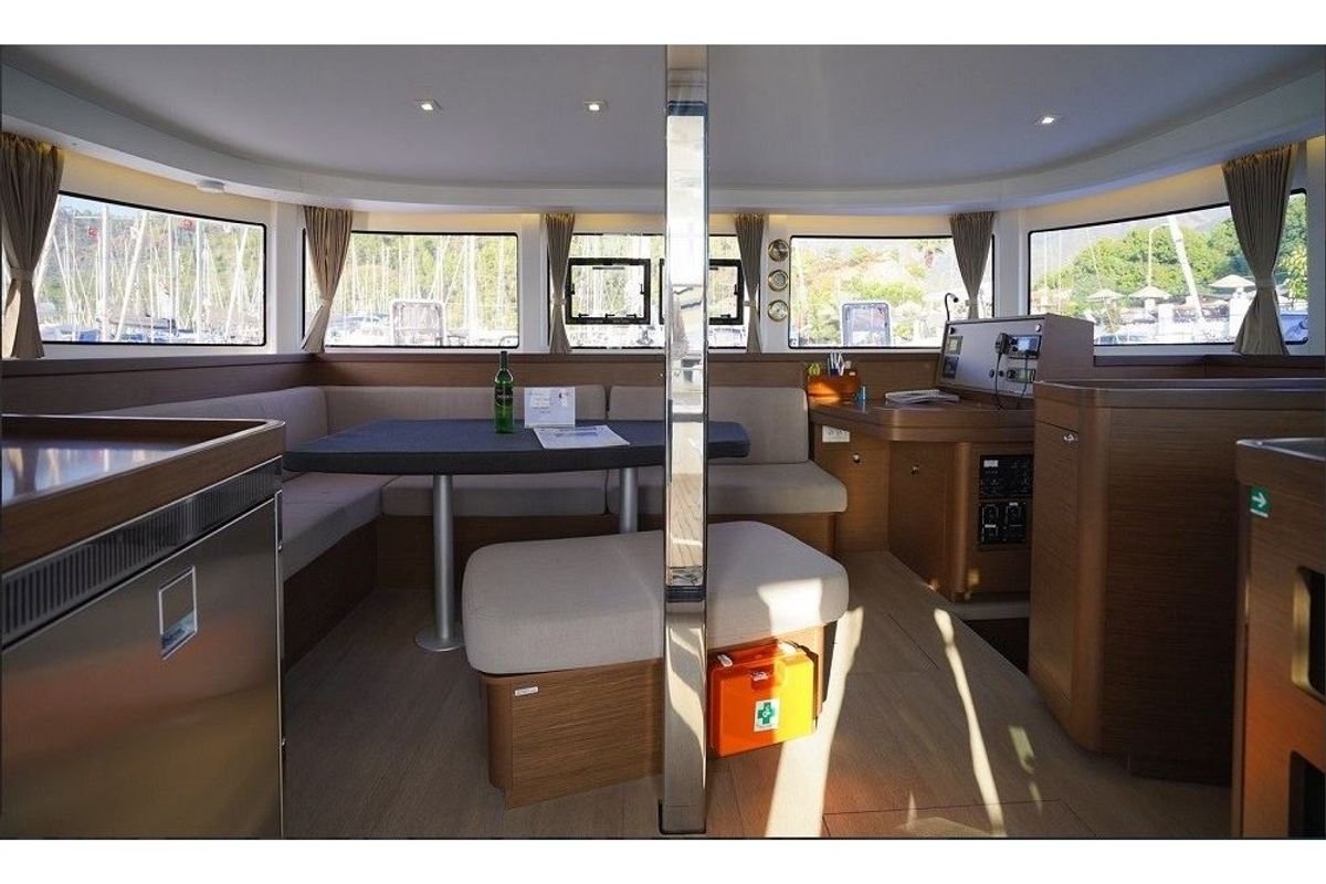 Salon of Chill Out, a Lagoon 42 catamaran at Tourlos, Greece