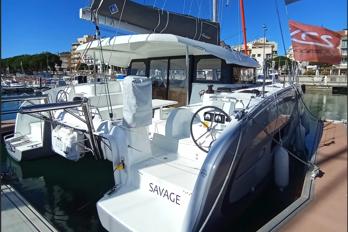 Exterior view of SAVAGE, a Excess 11 catamaran at Palma de Mallorca, Spain