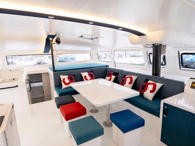 Salon of Avel Vaez, a Marsaudon Composites ORC 57 catamaran at Alameda, United States