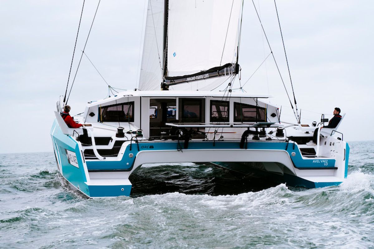 Exterior view of Avel Vaez, a Marsaudon Composites ORC 57 catamaran at Alameda, United States