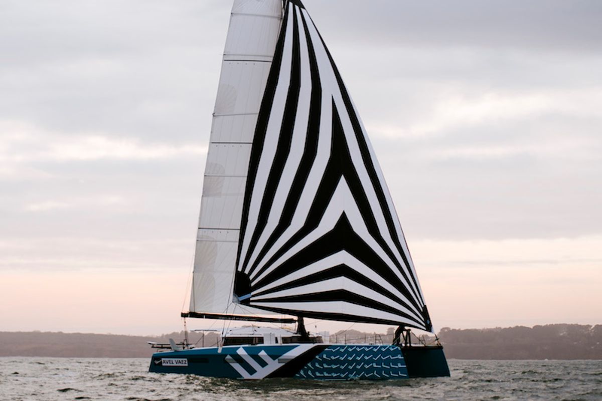 Exterior view of Avel Vaez, a Marsaudon Composites ORC 57 catamaran at Alameda, United States