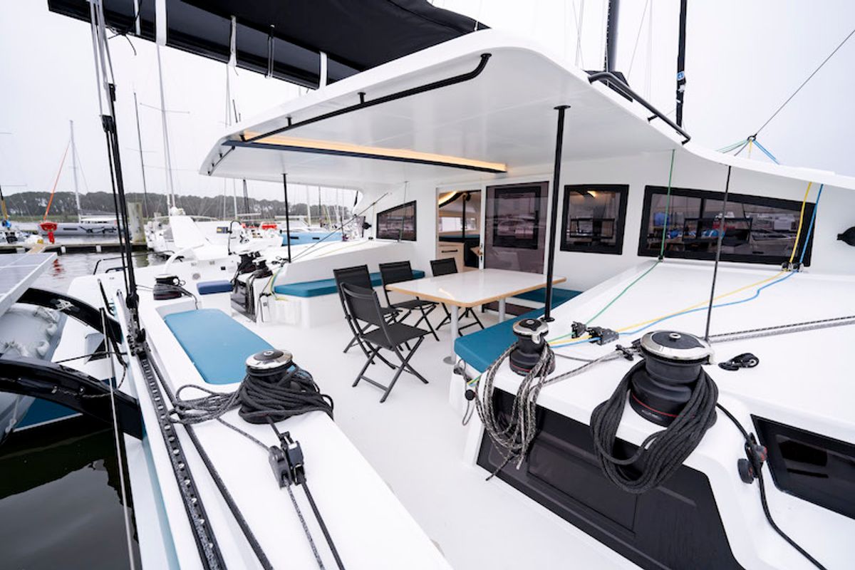 Deck of Avel Vaez, a Marsaudon Composites ORC 57 catamaran at Alameda, United States