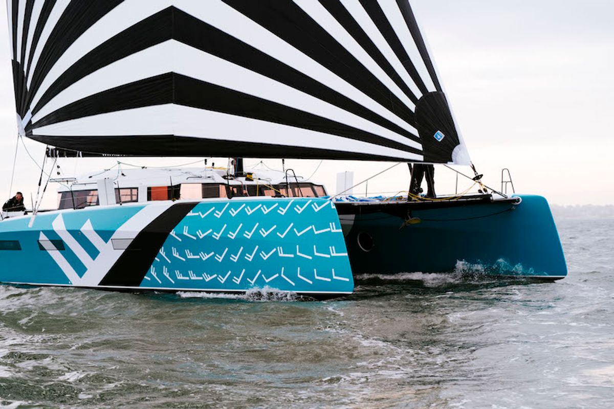Exterior view of Avel Vaez, a Marsaudon Composites ORC 57 catamaran at Alameda, United States