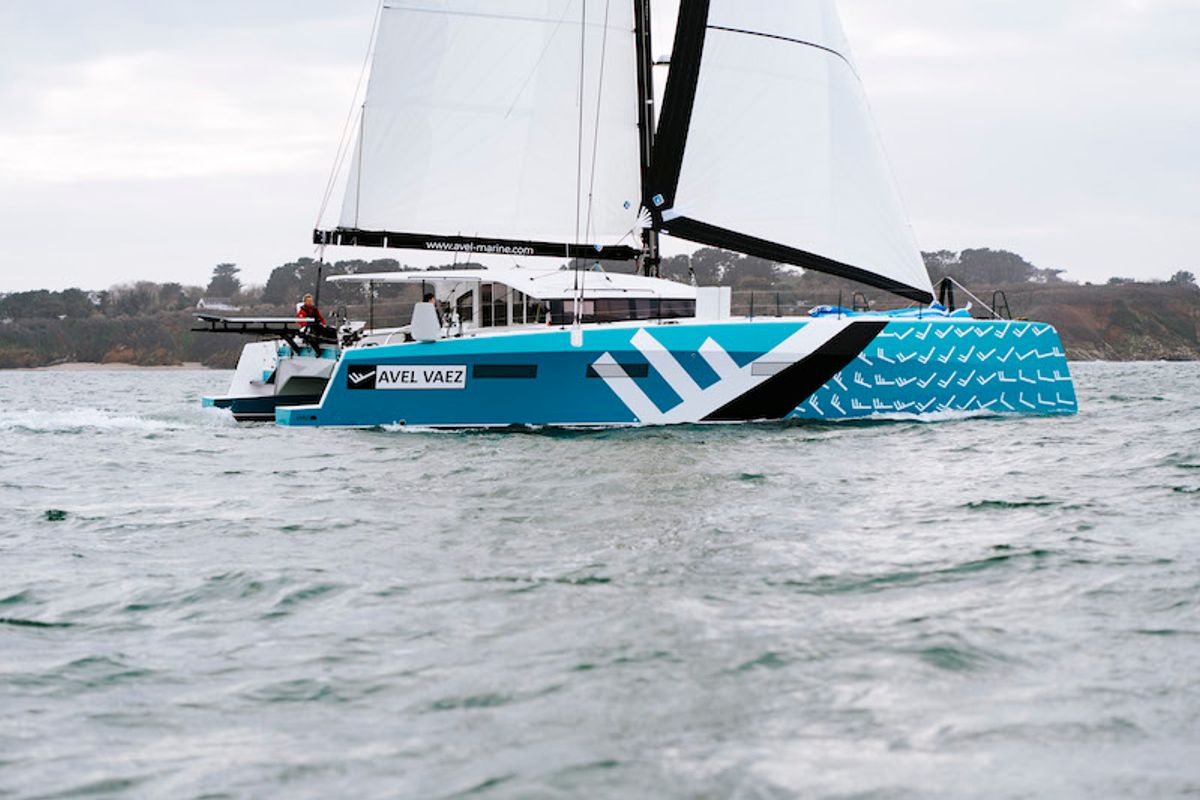 Exterior view of Avel Vaez, a Marsaudon Composites ORC 57 catamaran at Alameda, United States