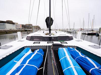 Deck of Avel Vaez, a Marsaudon Composites ORC 57 catamaran at Alameda, United States