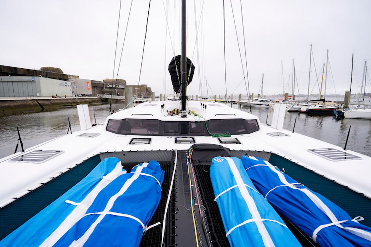 Deck of Avel Vaez, a Marsaudon Composites ORC 57 catamaran at Alameda, United States