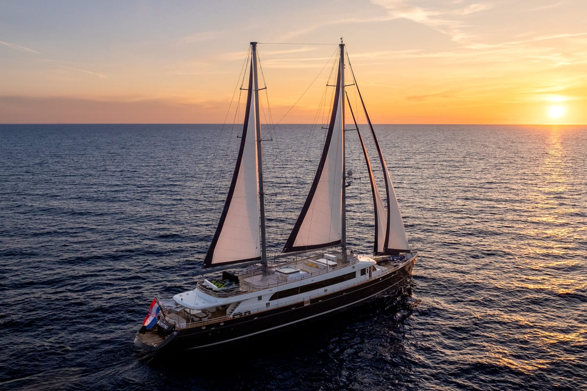 Exterior view of Dalmatino, a Gulet Luxury Sailing Yacht sailboat at Split, Croatia