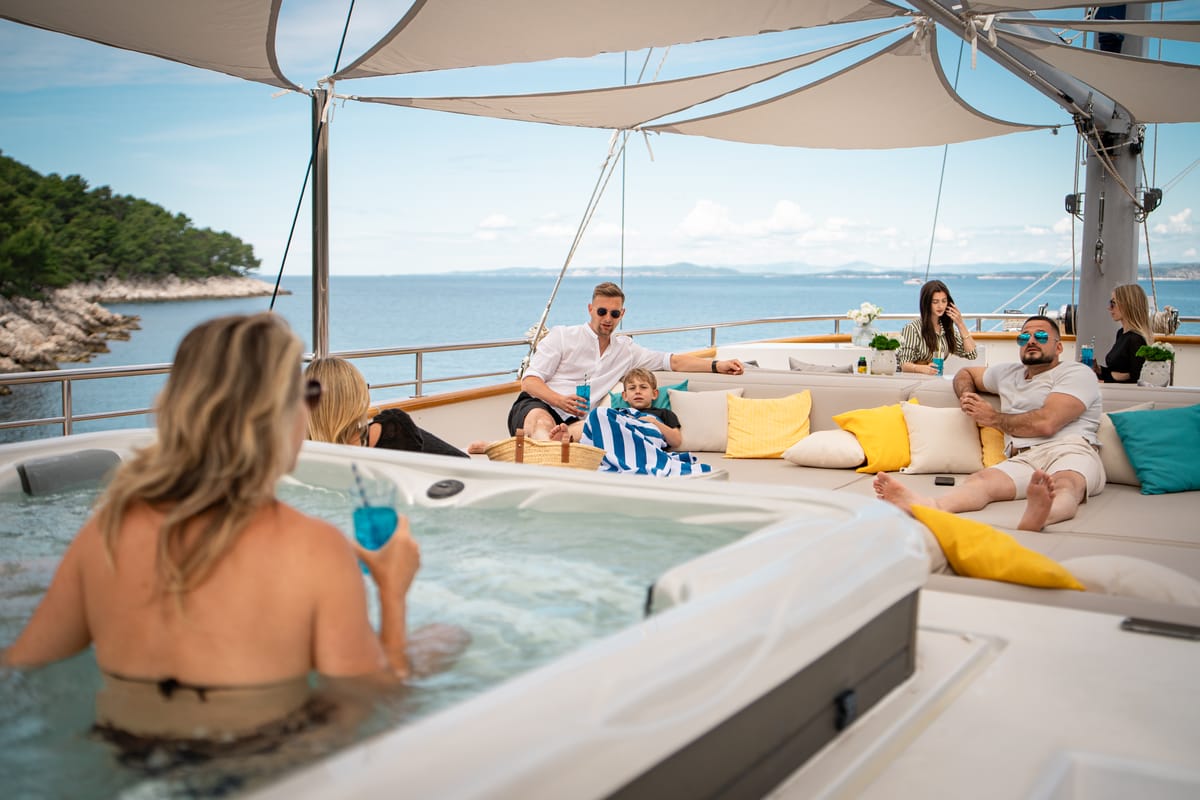 Deck of Dalmatino, a Gulet Luxury Sailing Yacht sailboat at Split, Croatia