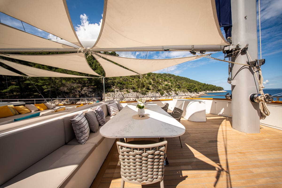 Deck of Dalmatino, a Gulet Luxury Sailing Yacht sailboat at Split, Croatia
