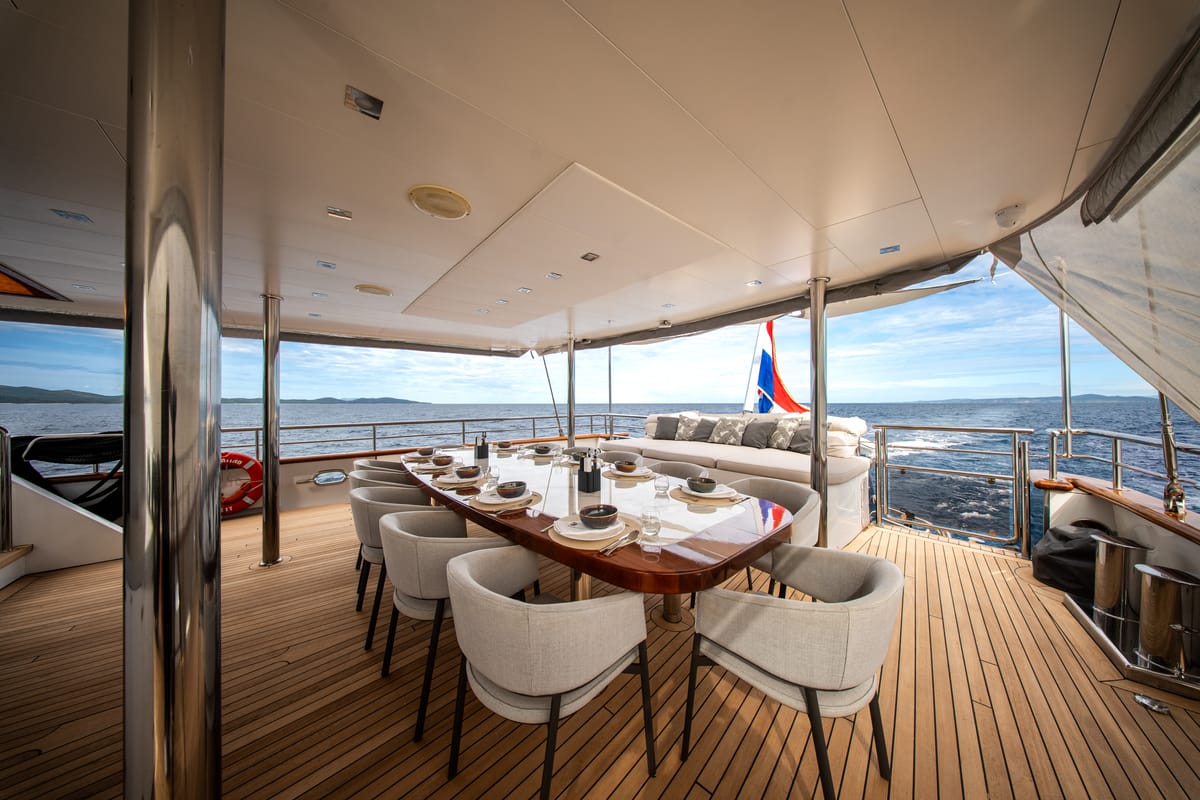 Deck of Dalmatino, a Gulet Luxury Sailing Yacht sailboat at Split, Croatia