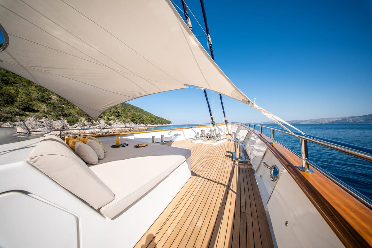 Deck of Dalmatino, a Gulet Luxury Sailing Yacht sailboat at Split, Croatia