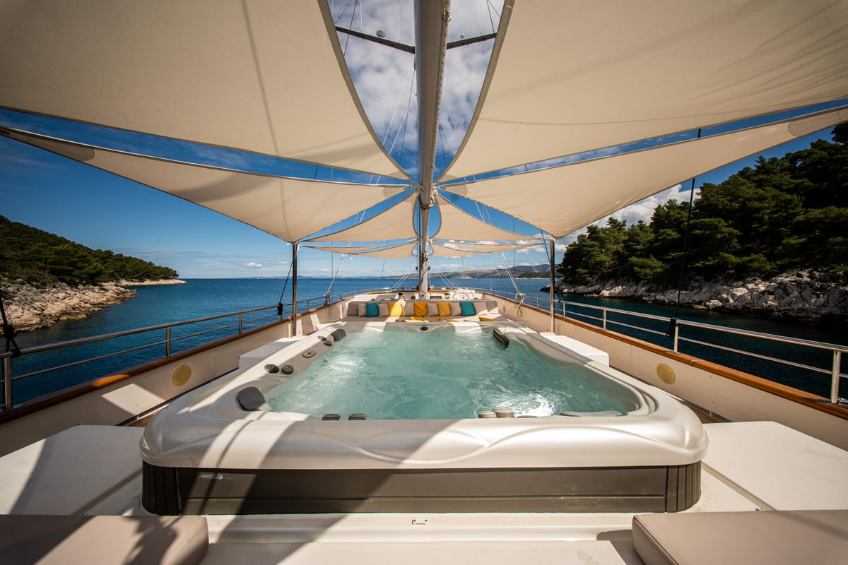 Deck of Dalmatino, a Gulet Luxury Sailing Yacht sailboat at Split, Croatia