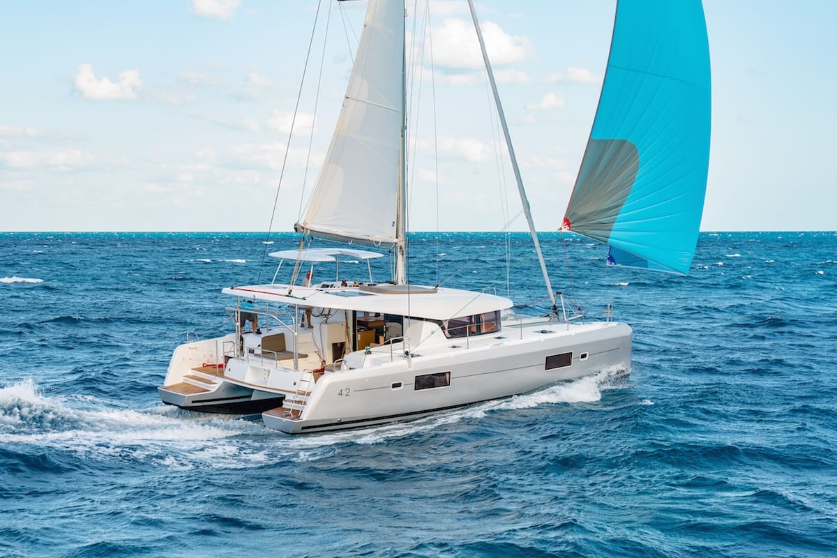 Exterior view of PirElli, a Lagoon 42 catamaran at Sant Antoni de Portmany, Spain
