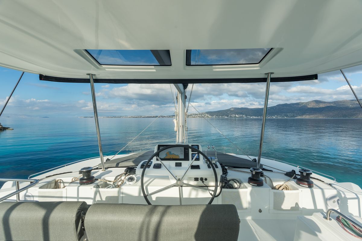 Cockpit of JEWEL, a Lagoon 51 catamaran at Athens, Greece