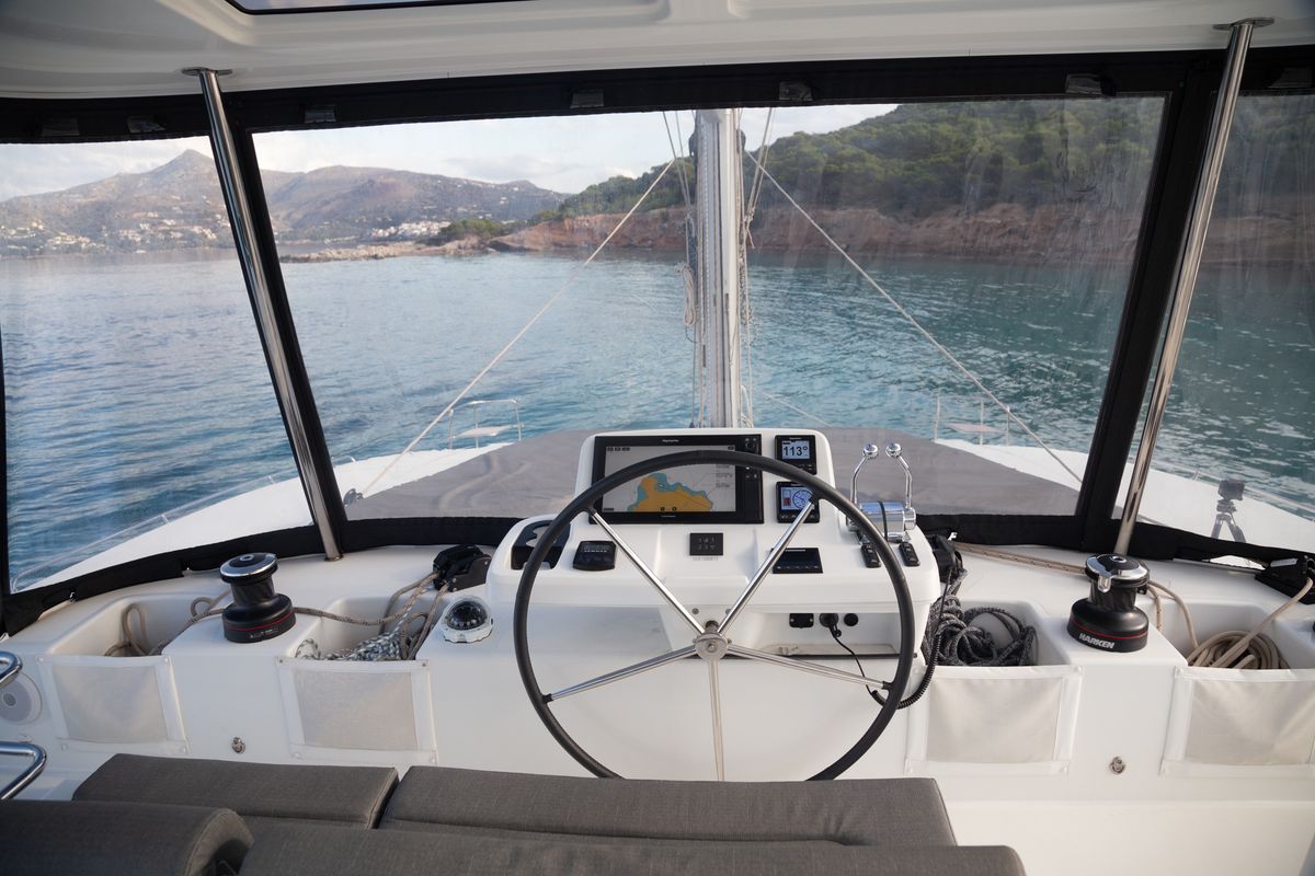 Cockpit of JEWEL, a Lagoon 51 catamaran at Athens, Greece