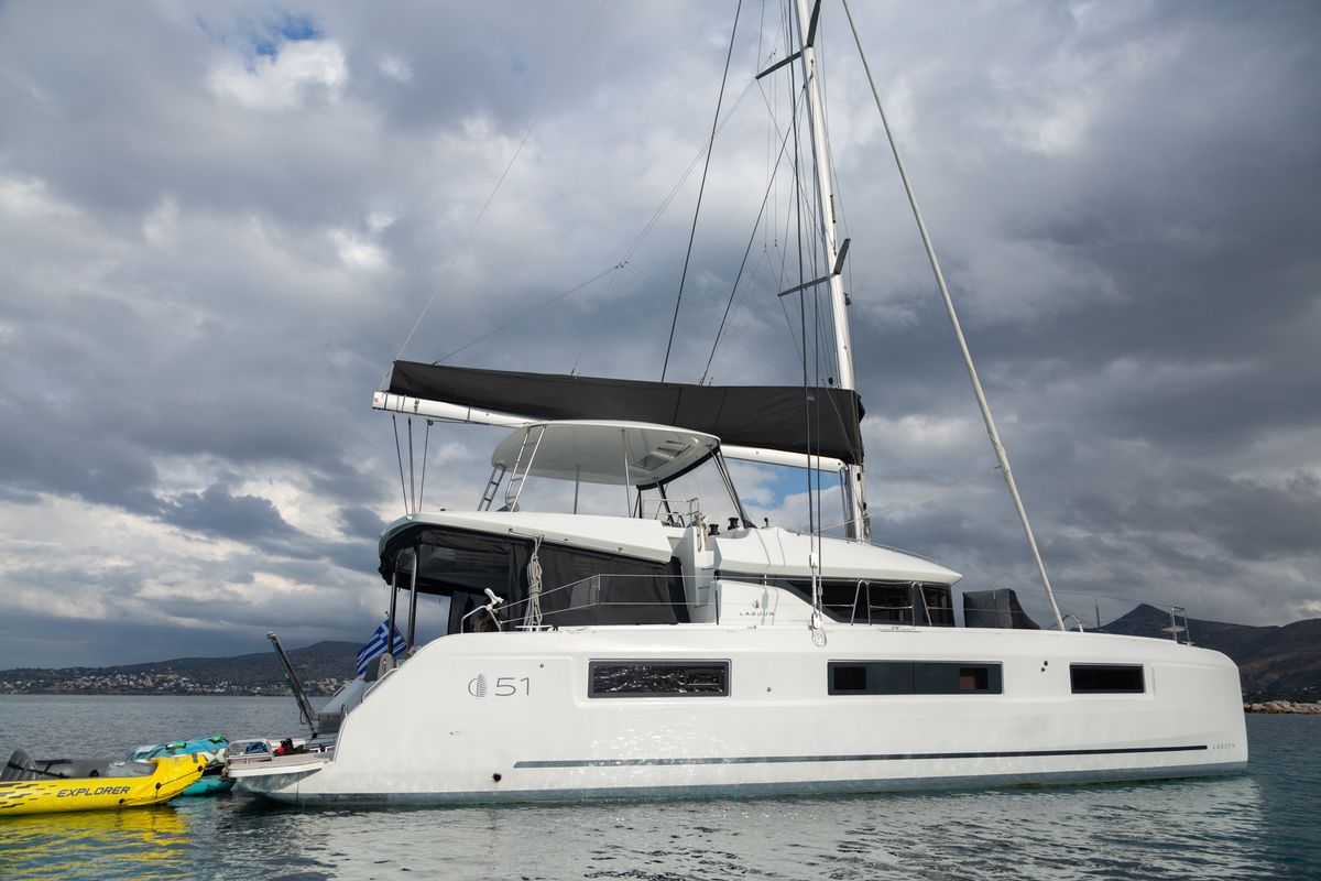 Exterior view of JEWEL, a Lagoon 51 catamaran at Athens, Greece