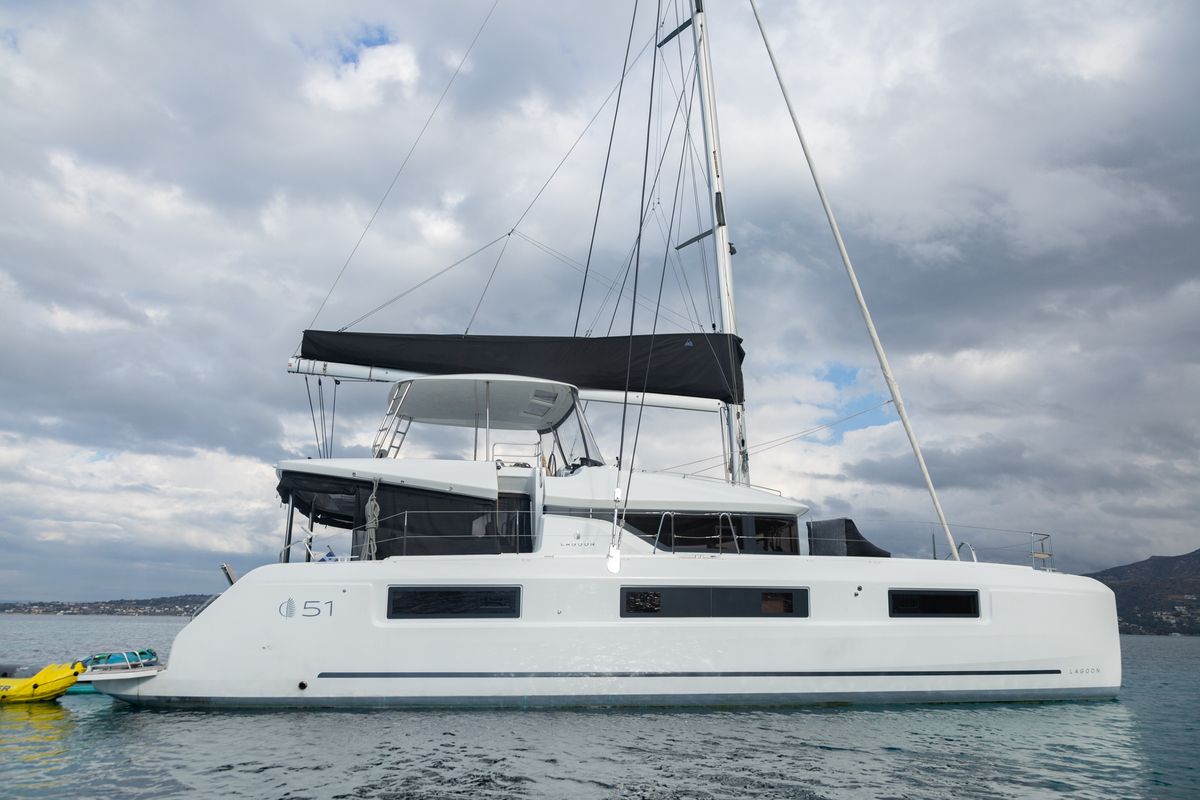 Exterior view of JEWEL, a Lagoon 51 catamaran at Athens, Greece