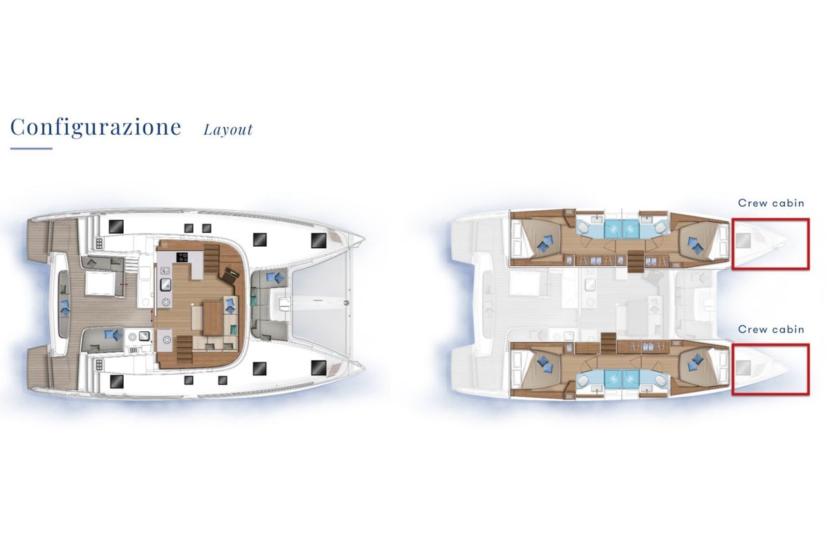 Floor plan of Ricky, a Lagoon 46 catamaran at Capo d'Orlando, Italy