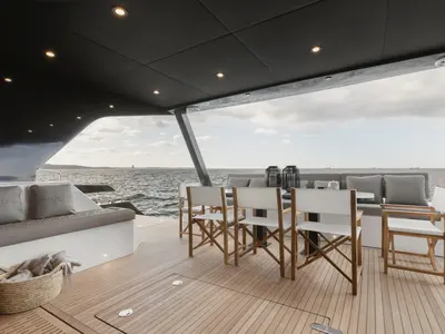 Deck of Moonlight, a Gulet Moon Sail 60 catamaran at Lavreotiki Municipal Unit, Greece