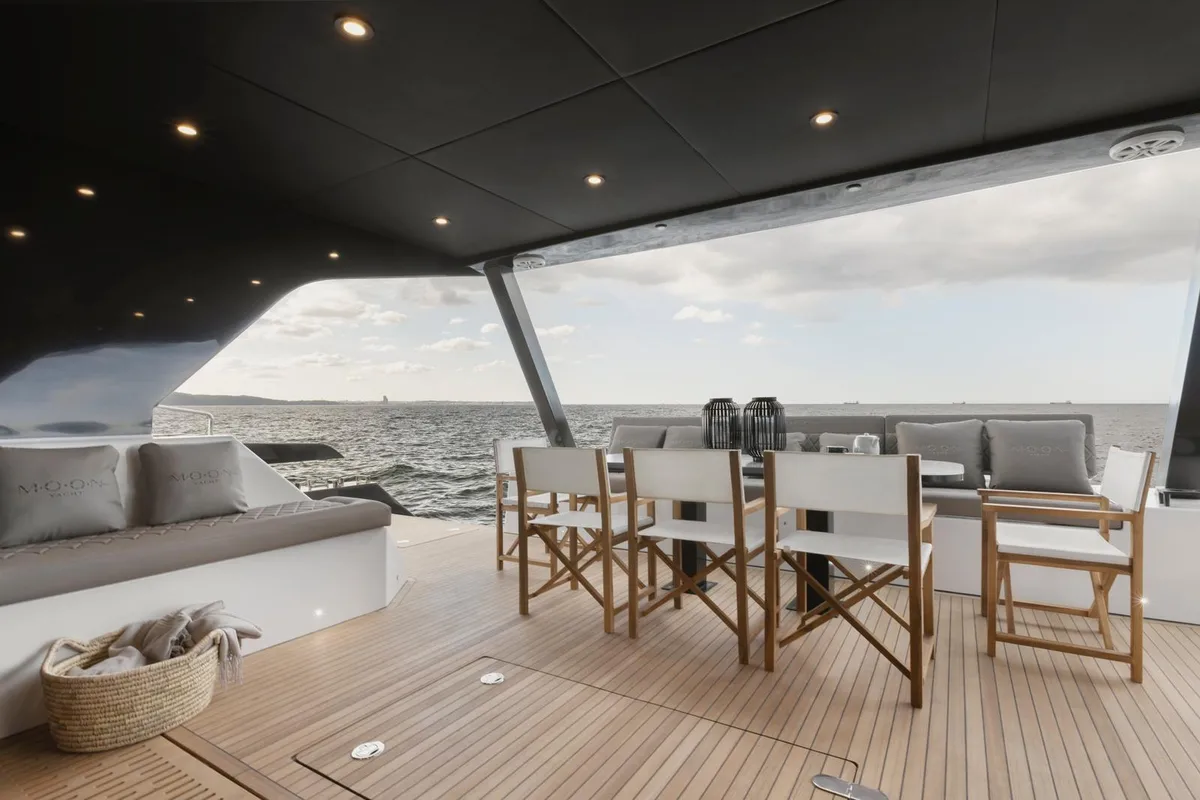 Deck of Moonlight, a Gulet Moon Sail 60 catamaran at Lavreotiki Municipal Unit, Greece