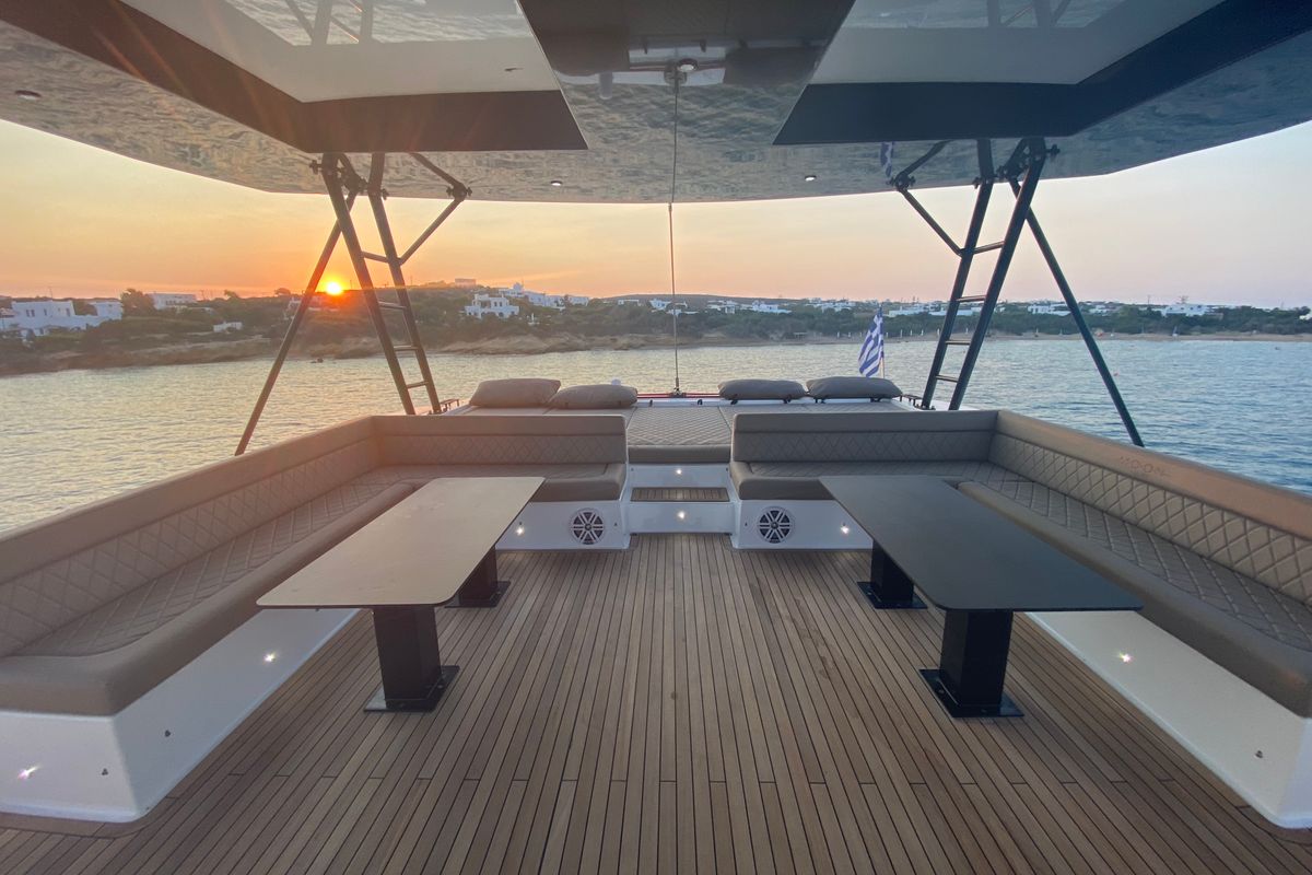 Deck of Moonlight, a Gulet Moon Sail 60 catamaran at Lavreotiki Municipal Unit, Greece