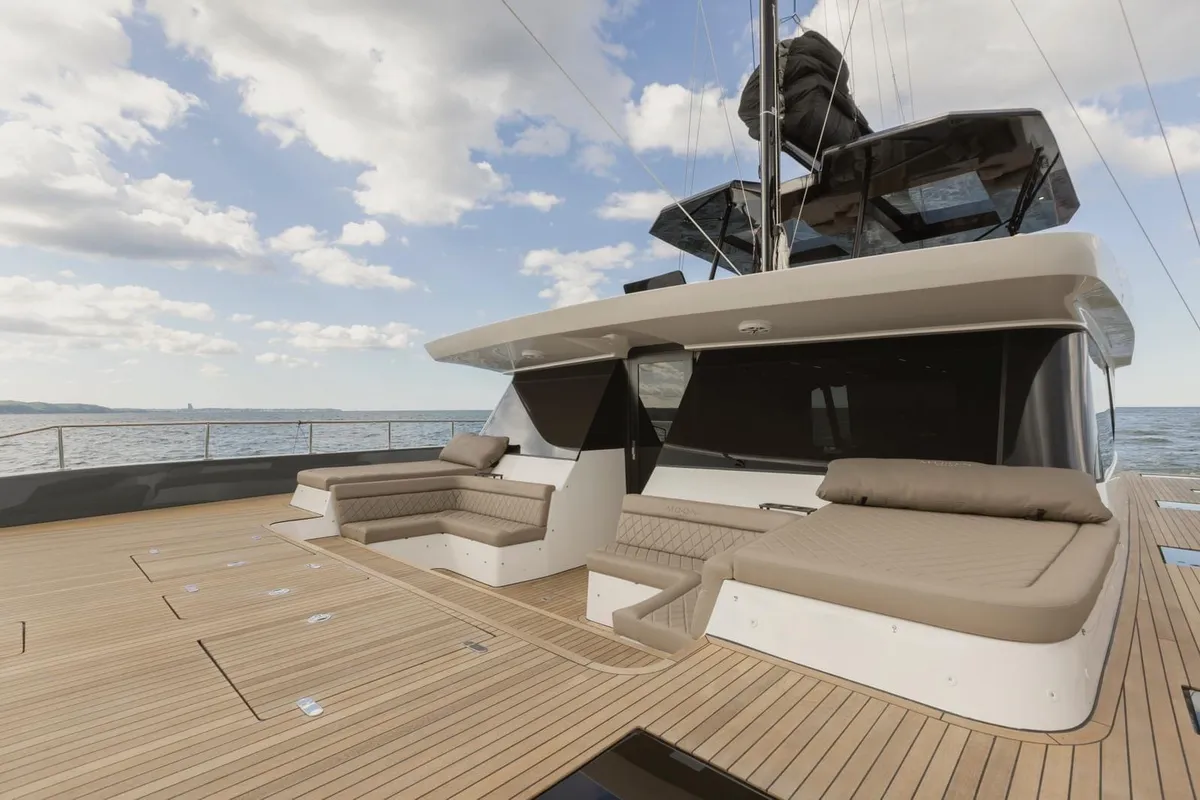 Deck of Moonlight, a Gulet Moon Sail 60 catamaran at Lavreotiki Municipal Unit, Greece
