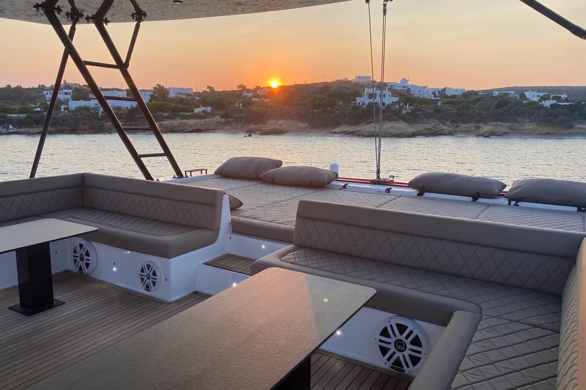 Deck of Moonlight, a Gulet Moon Sail 60 catamaran at Lavreotiki Municipal Unit, Greece