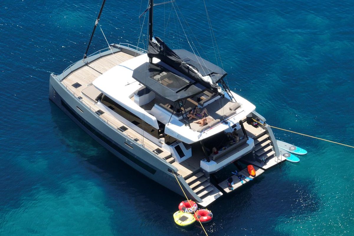 Exterior view of Moonlight, a Gulet Moon Sail 60 catamaran at Lavreotiki Municipal Unit, Greece