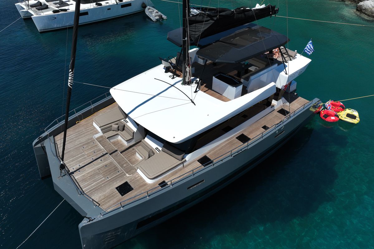 Exterior view of Moonlight, a Gulet Moon Sail 60 catamaran at Lavreotiki Municipal Unit, Greece