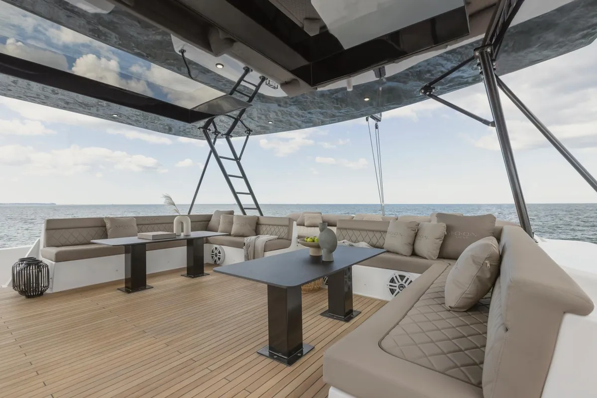 Deck of Moonlight, a Gulet Moon Sail 60 catamaran at Lavreotiki Municipal Unit, Greece