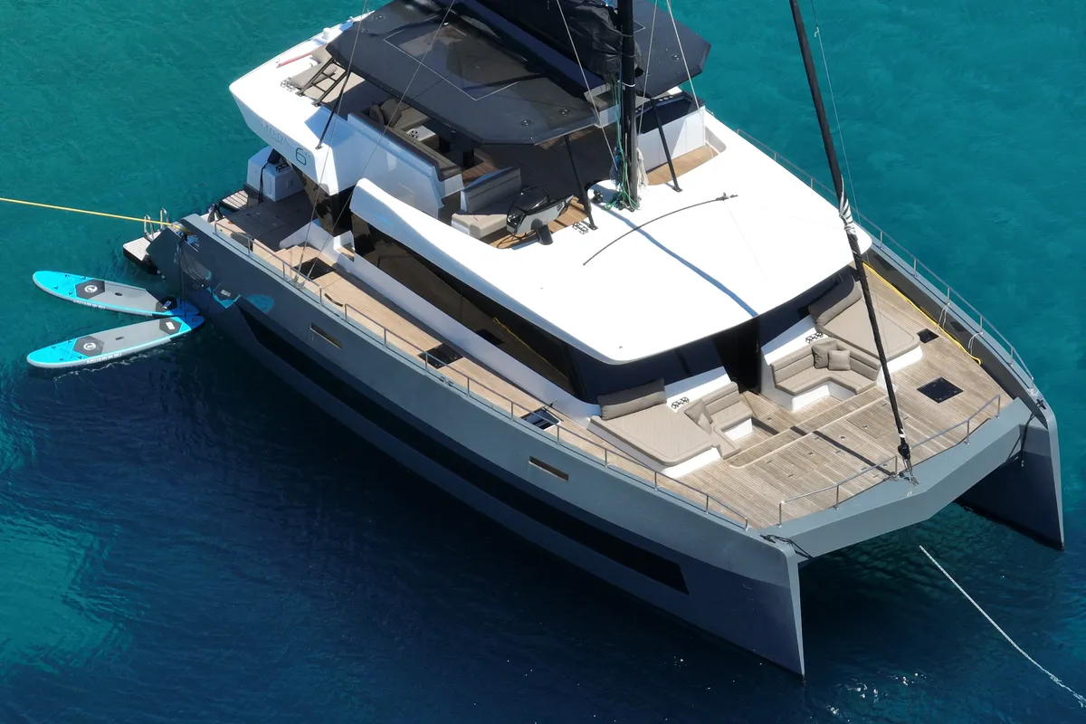 Exterior view of Moonlight, a Gulet Moon Sail 60 catamaran at Lavreotiki Municipal Unit, Greece