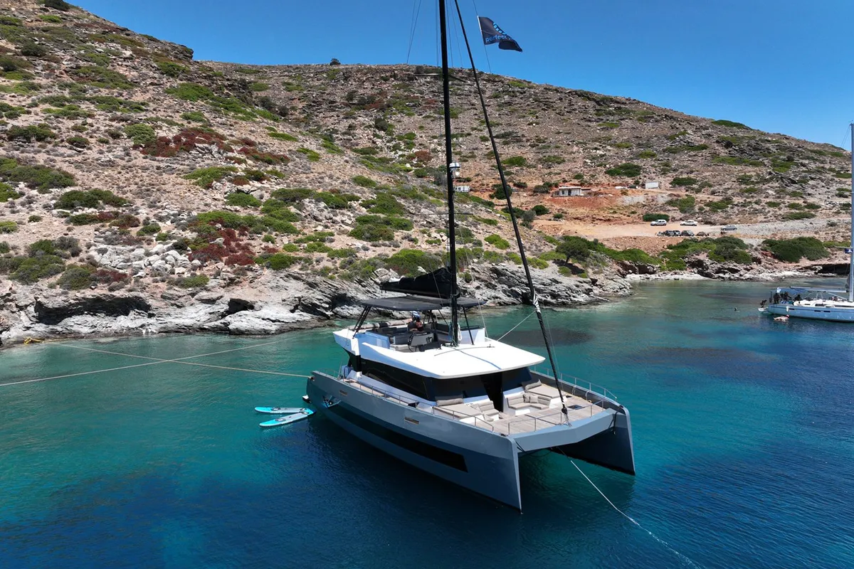 Exterior view of Moonlight, a Gulet Moon Sail 60 catamaran at Lavreotiki Municipal Unit, Greece
