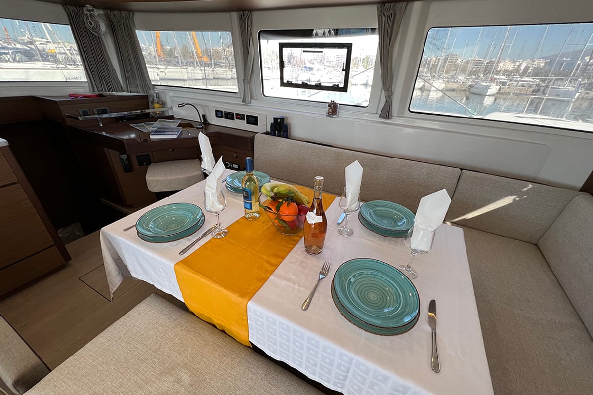Salon of Kalisi Mou, a Lagoon 46 catamaran at Parikia, Greece