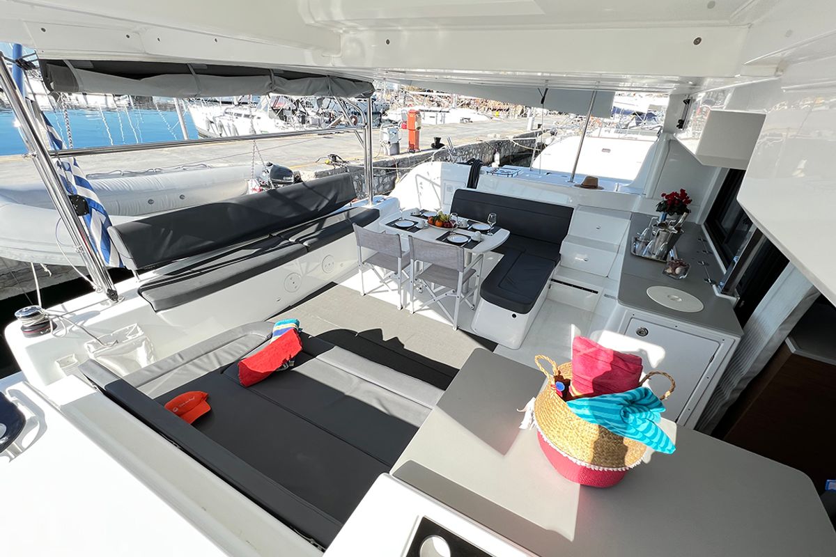 Deck of Kalisi Mou, a Lagoon 46 catamaran at Parikia, Greece