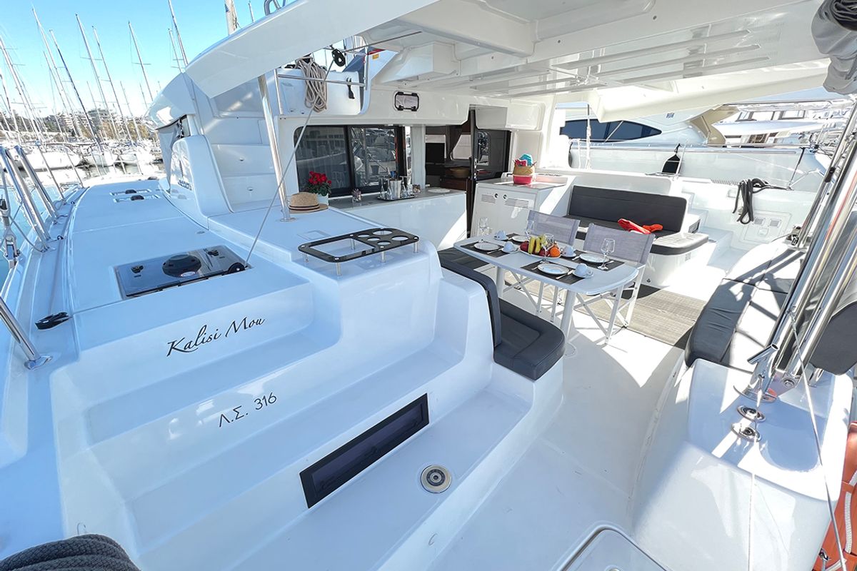 Deck of Kalisi Mou, a Lagoon 46 catamaran at Parikia, Greece