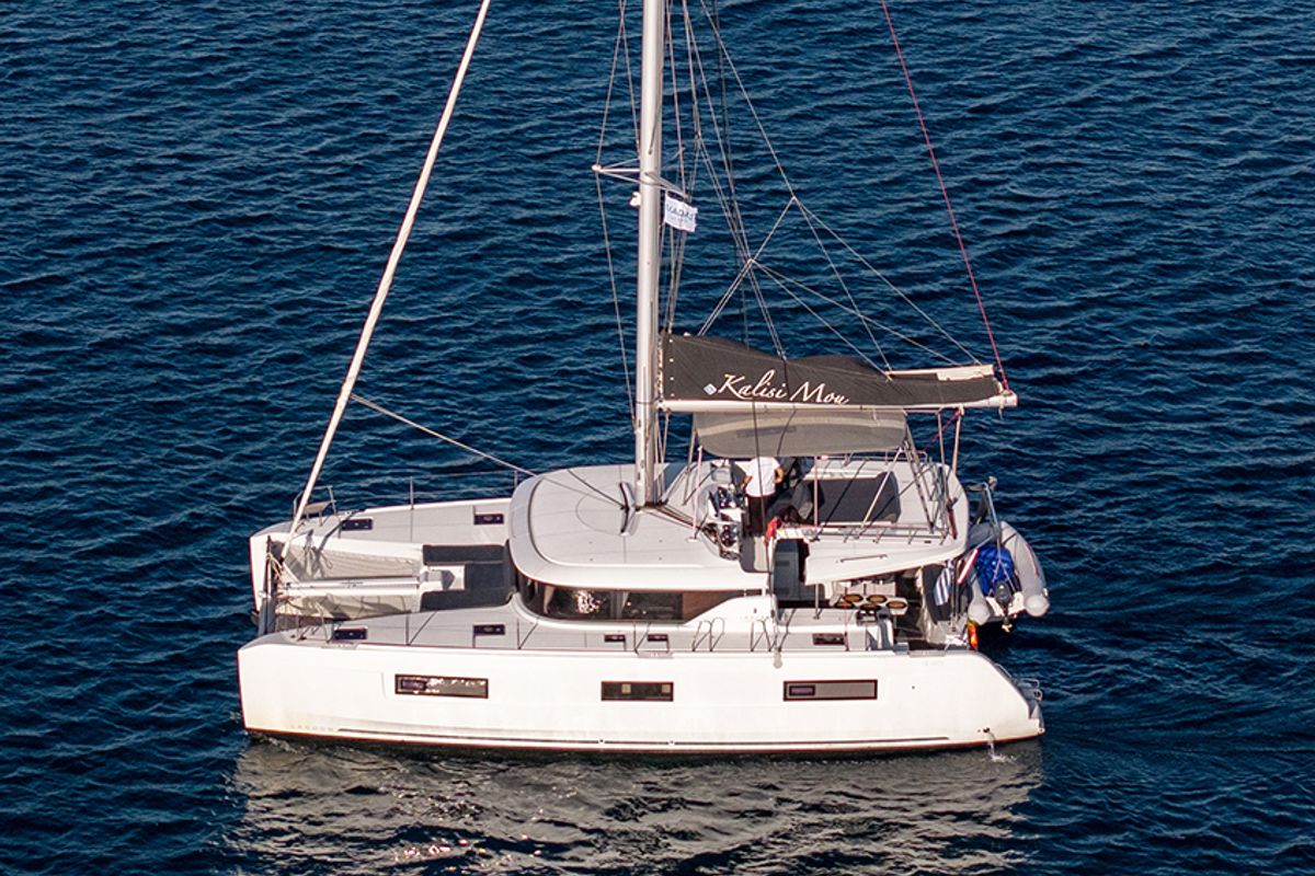 Exterior view of Kalisi Mou, a Lagoon 46 catamaran at Parikia, Greece