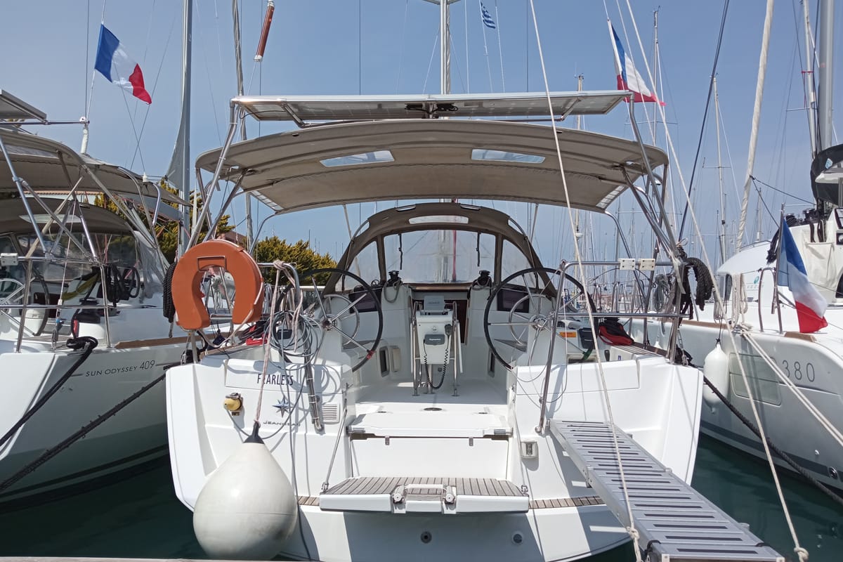 Cockpit of Fearless, a Jeanneau Sun Odyssey 379 sailboat at Municipal Unit of Lefkada, Greece