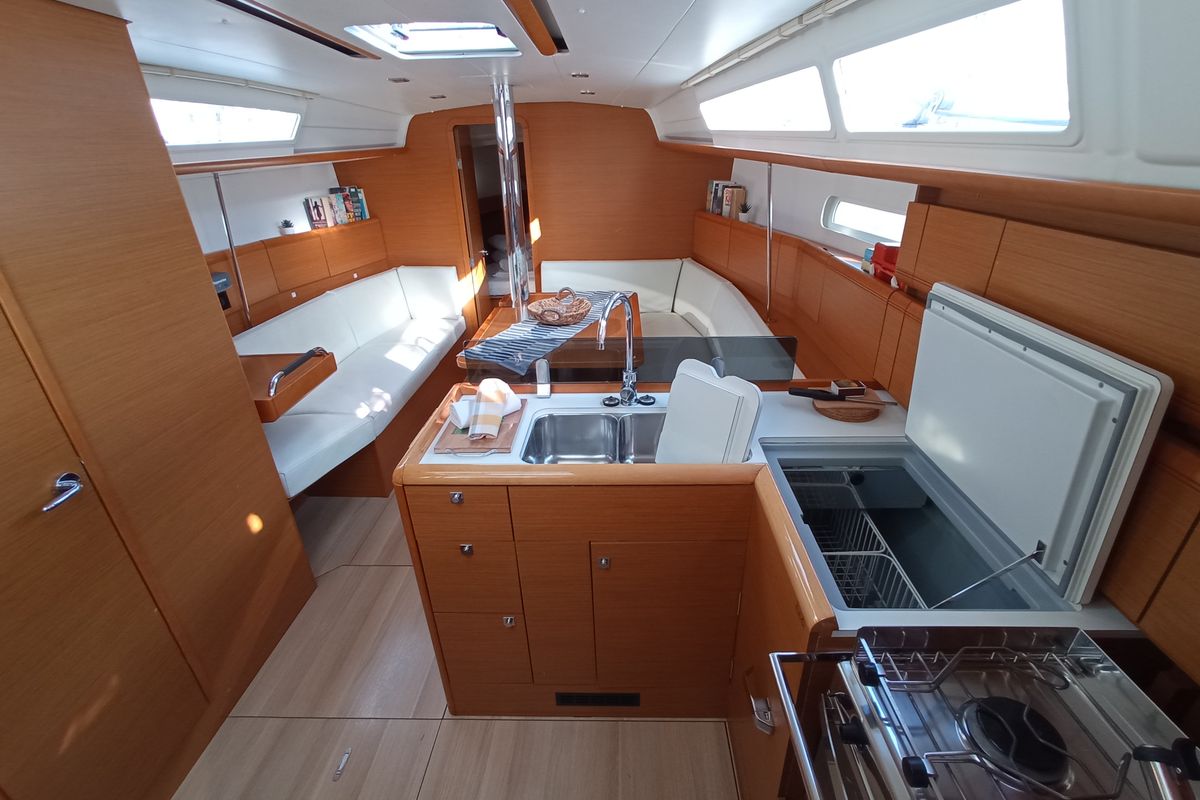 Galley of Fearless, a Jeanneau Sun Odyssey 379 sailboat at Municipal Unit of Lefkada, Greece