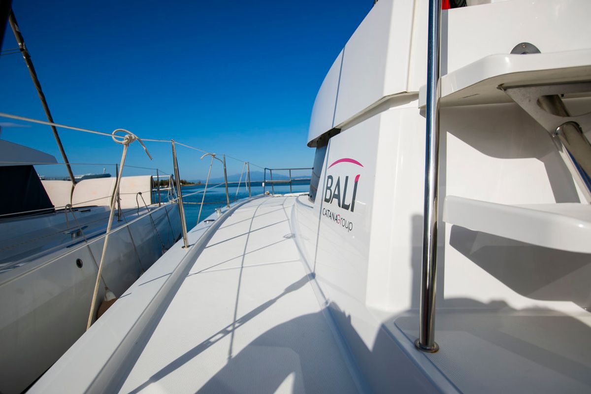 Deck of Eleni, a Bali 4.3 catamaran at Sipias Municipal Unit, Greece