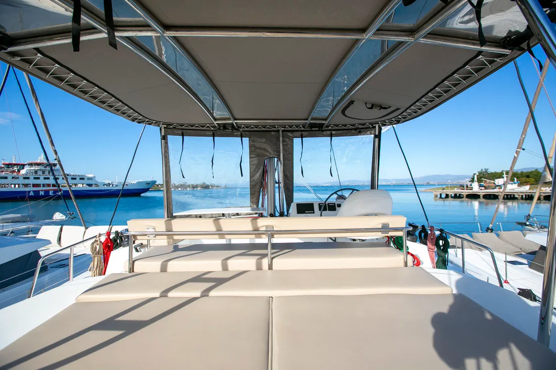 Deck of Eleni, a Bali 4.3 catamaran at Sipias Municipal Unit, Greece