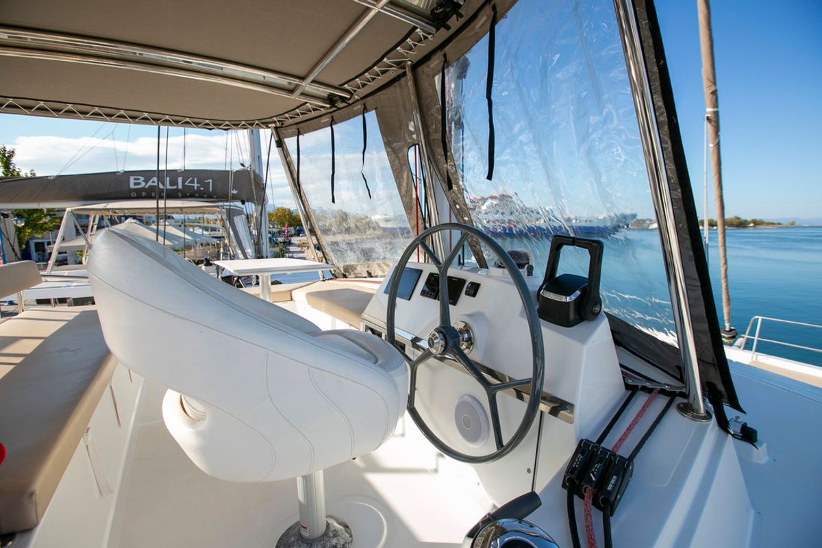 Cockpit of Eleni, a Bali 4.3 catamaran at Sipias Municipal Unit, Greece
